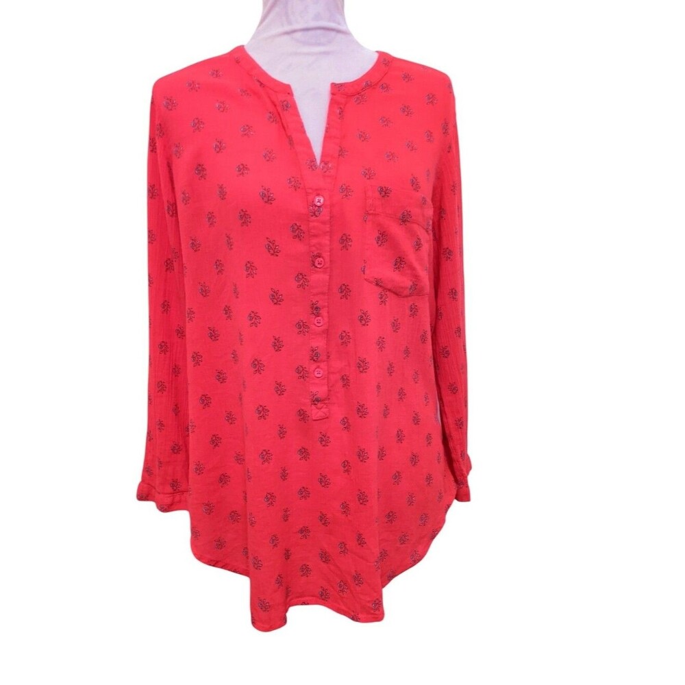 Old Navy Tunic Top Red Cottagecore Henley Long Sleeve Button Front Size L